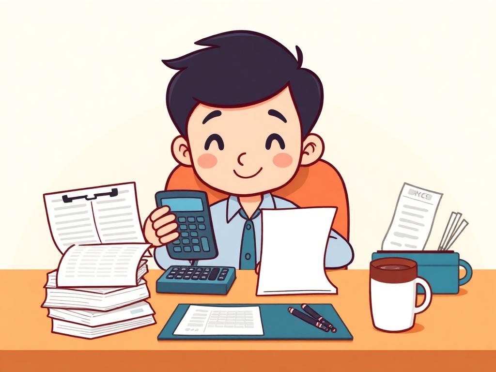 Friendly cartoon accountant organizing finances at a desk